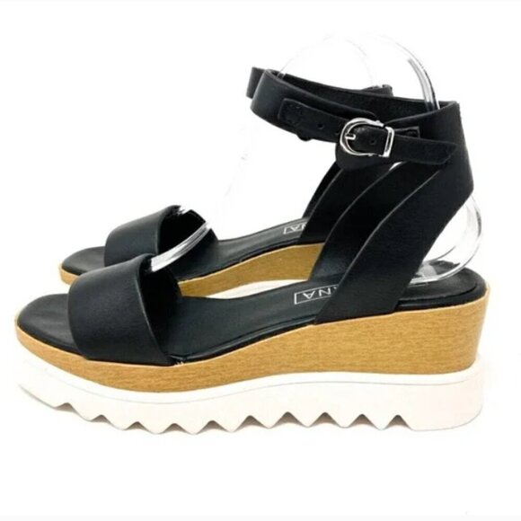Sol Sana Black Leather Platform Wedge Ankle Strap Sandals - Size 7.5 EUR 38 - Picture 3 of 9